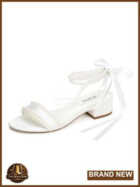 Low Heel Bridal Sandals with Pearl Strap Satin Wedding Shoes
